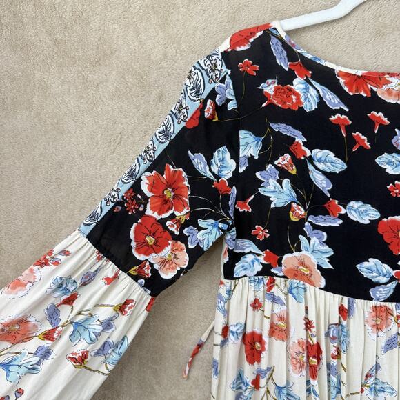 Patrons of Peace Boho Floral Mini Dress S Cream Black Ruffle Peasant Festival - Picture 6 of 13